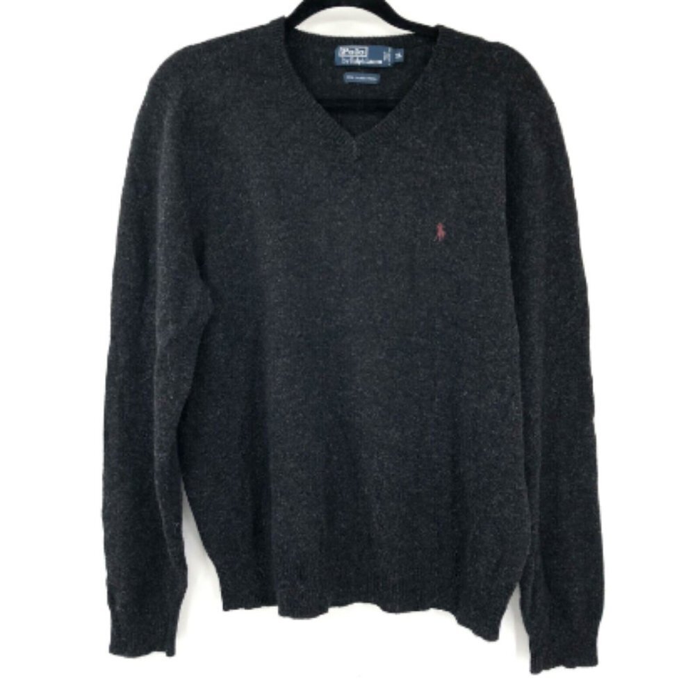 POLO RALPH LAUREN V Neck Sweater Lambswool Vintage XL Grey Black Men LongSleeve